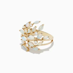 Rings|BH Multi Aurora 14K Yellow Gold Opal and Diamond Filagree Leaf Ring, 1.81 TCW
