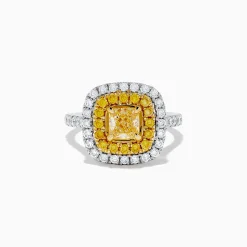 Rings|Effy Jewelry Canare 14k Two Tone Gold Cushion Cut Double Halo Yellow Diamond Ring 1.86 TCW