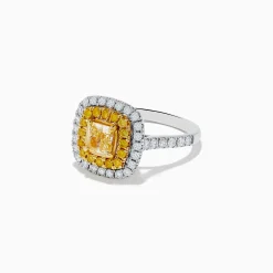 Rings|Effy Jewelry Canare 14k Two Tone Gold Cushion Cut Double Halo Yellow Diamond Ring 1.86 TCW