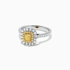Rings|BH Multi Canare 18K Two Tone Gold Cushion Double Halo Yellow Diamond Ring, 0.97 TCW