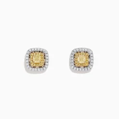 Earrings|BH Multi Canare 18K Two Tone Gold Double Halo Yellow Diamond Stud Earrings, 0.76 TCW