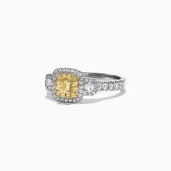 Rings|Effy Jewelry Canare 18K Two-Tone Gold Cushion Double Halo Yellow Diamond Ring, 0.96 TCW