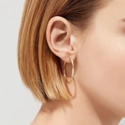 Earrings|Effy Jewelry D'Oro 14K Yellow Gold 1 1/4" Diamond Wave Hoop Earrings, 0.25 TCW