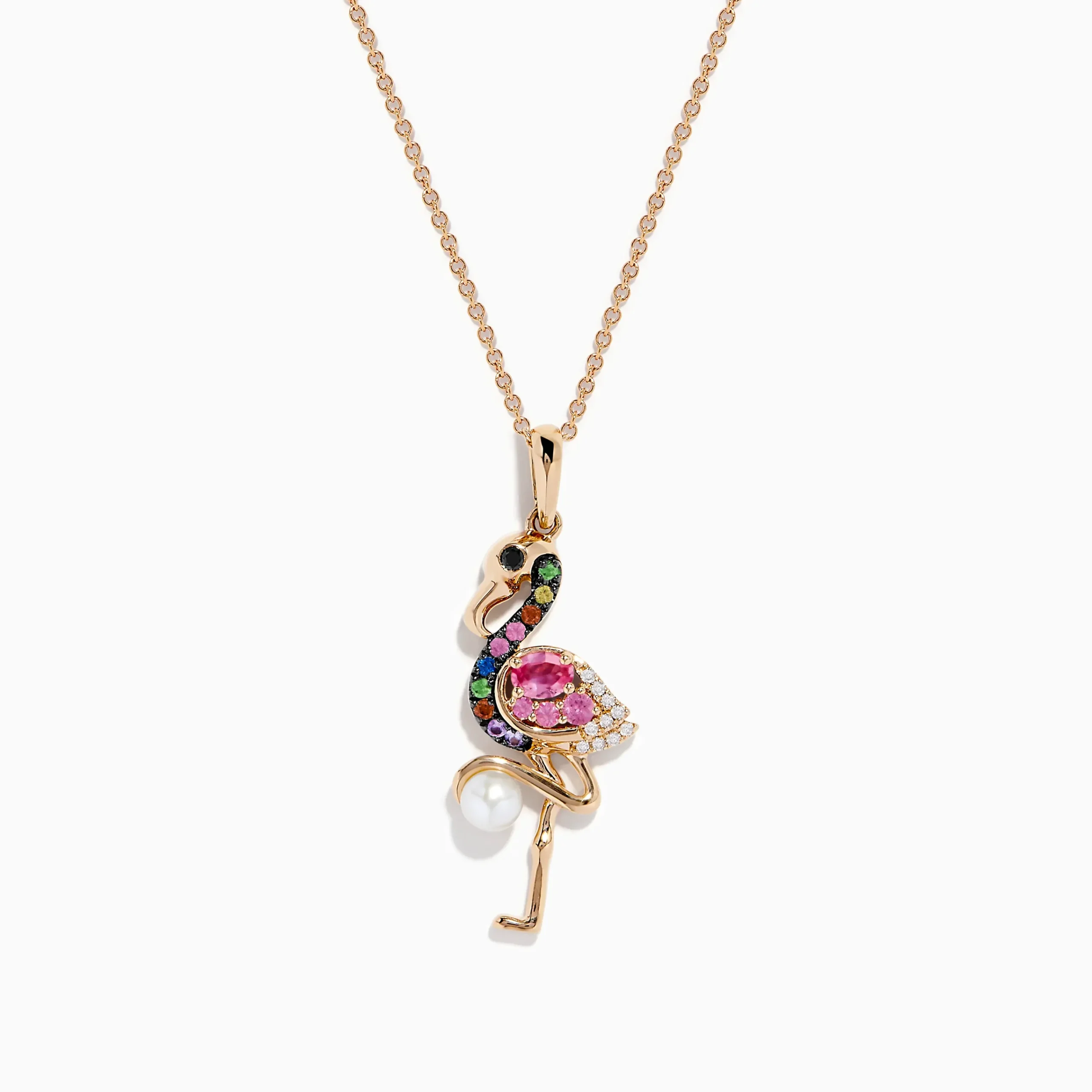 Necklaces & Pendants|Effy Jewelry 14K Rose Gold Multi Color Sapphire, Pearl and Diamond Flamingo Pendant