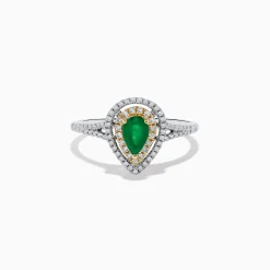 Rings|Effy Jewelry 14K White and Yellow Gold Pear Shaped Double Diamond Halo Emerald Ring