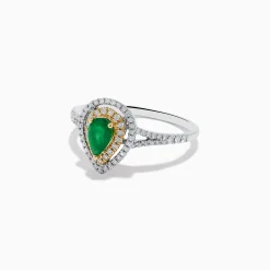 Rings|Effy Jewelry 14K White and Yellow Gold Pear Shaped Double Diamond Halo Emerald Ring