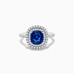 Rings|Effy Jewelry 18K White Gold Blue Sapphire and Diamond Double Halo Ring