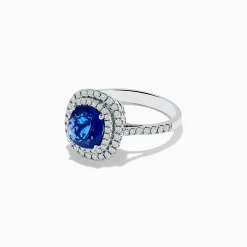 Rings|Effy Jewelry 18K White Gold Blue Sapphire and Diamond Double Halo Ring