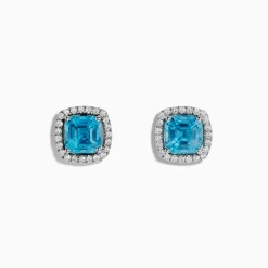 Earrings|Effy Jewelry 14K White Gold Blue Zircon and Diamond Stud Earrings