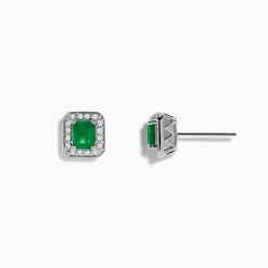Earrings|Effy Jewelry 14K White Gold Emerald and Diamond Stud Earrings, 1.11 TCW
