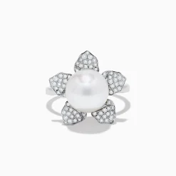 Rings|Effy Jewelry 14K White Gold Fresh Water Pearl and Diamond Flower Ring