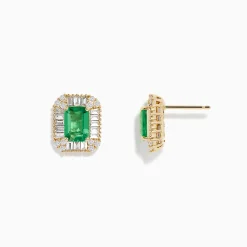 Earrings|BH Multi 14K Yellow Gold Baguette Diamond Halo Emerald Stud Earrings