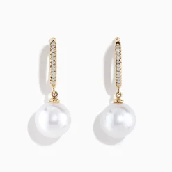 Earrings|Effy Jewelry 14K Yellow Gold Diamond, Fresh Water Pearl Earrings