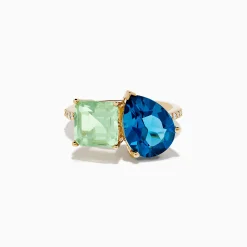 Rings|Effy Jewelry 14K Yellow Gold Diamond Green Amethyst London Blue Topaz Toi Et Moi Ring
