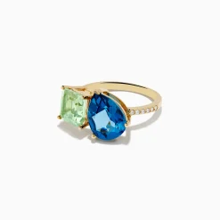 Rings|Effy Jewelry 14K Yellow Gold Diamond Green Amethyst London Blue Topaz Toi Et Moi Ring