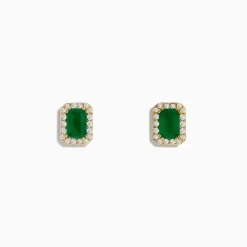 Earrings|Effy Jewelry 14K Yellow Gold Diamond Halo Emerald Stud Earrings