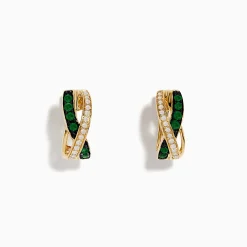 Earrings|Effy Jewelry 14K Yellow Gold Emerald and Diamond Crossover Hoop Earrings 1/2"