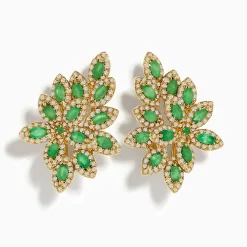 Earrings|Effy Jewelry 14K Yellow Gold French Clip Emerald and Diamond Statement Earrings, 2.95 TCW