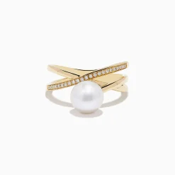 Rings|Effy Jewelry 14K Yellow Gold Fresh Water Pearl and Diamond Crossover Ring