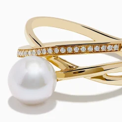Rings|Effy Jewelry 14K Yellow Gold Fresh Water Pearl and Diamond Crossover Ring