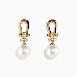Earrings|Effy Jewelry 14K Yellow Gold Fresh Water Pearl and Diamond Horseshoe Drop Earrings