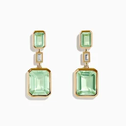 Earrings|Effy Jewelry 14K Yellow Gold Green Amethyst and Diamond Bezel Drop Earrings
