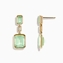 Earrings|Effy Jewelry 14K Yellow Gold Green Amethyst and Diamond Bezel Drop Earrings