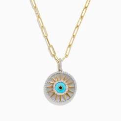 Necklaces & Pendants|Effy Jewelry 14K Yellow Gold Mother Of Pearl, Turquoise and Diamond Evil Eye Pendant