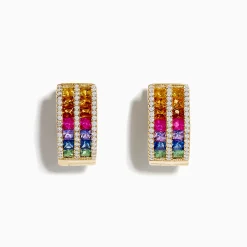 Earrings|Effy Jewelry 14K Yellow Gold Multi Color Sapphire and Diamond Hoop Earrings