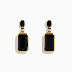 Earrings|Effy Jewelry 14K Yellow Gold Onyx and Diamond Bezel Drop Earrings