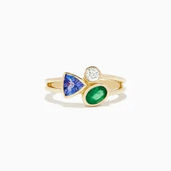 Rings|BH Multi 14K Yellow Gold Tri Stone Diamond, Emerald and Tanzanite Ring
