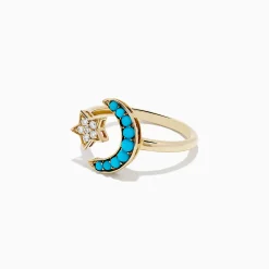 Rings|BH Multi 14K Yellow Gold Turquoise and Diamond Moon and Star Ring, 0.32 TCW
