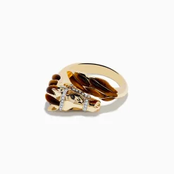 Mens|Effy Jewelry 14K Yellow Gold White and Black Diamond Tiger Eye Horse Ring