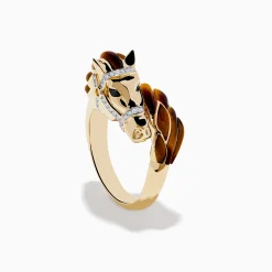 Mens|Effy Jewelry 14K Yellow Gold White and Black Diamond Tiger Eye Horse Ring