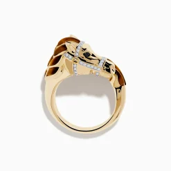 Mens|Effy Jewelry 14K Yellow Gold White and Black Diamond Tiger Eye Horse Ring