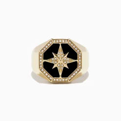 Mens|BH Multi Men's 14K Yellow Gold Onyx and Diamond Star Ring, 0.21 TCW