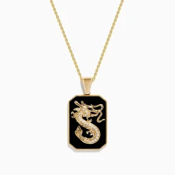 Mens|Effy Jewelry Men's 14K Yellow Gold White and Black Diamond Agate Dragon Dog Tag Pendant