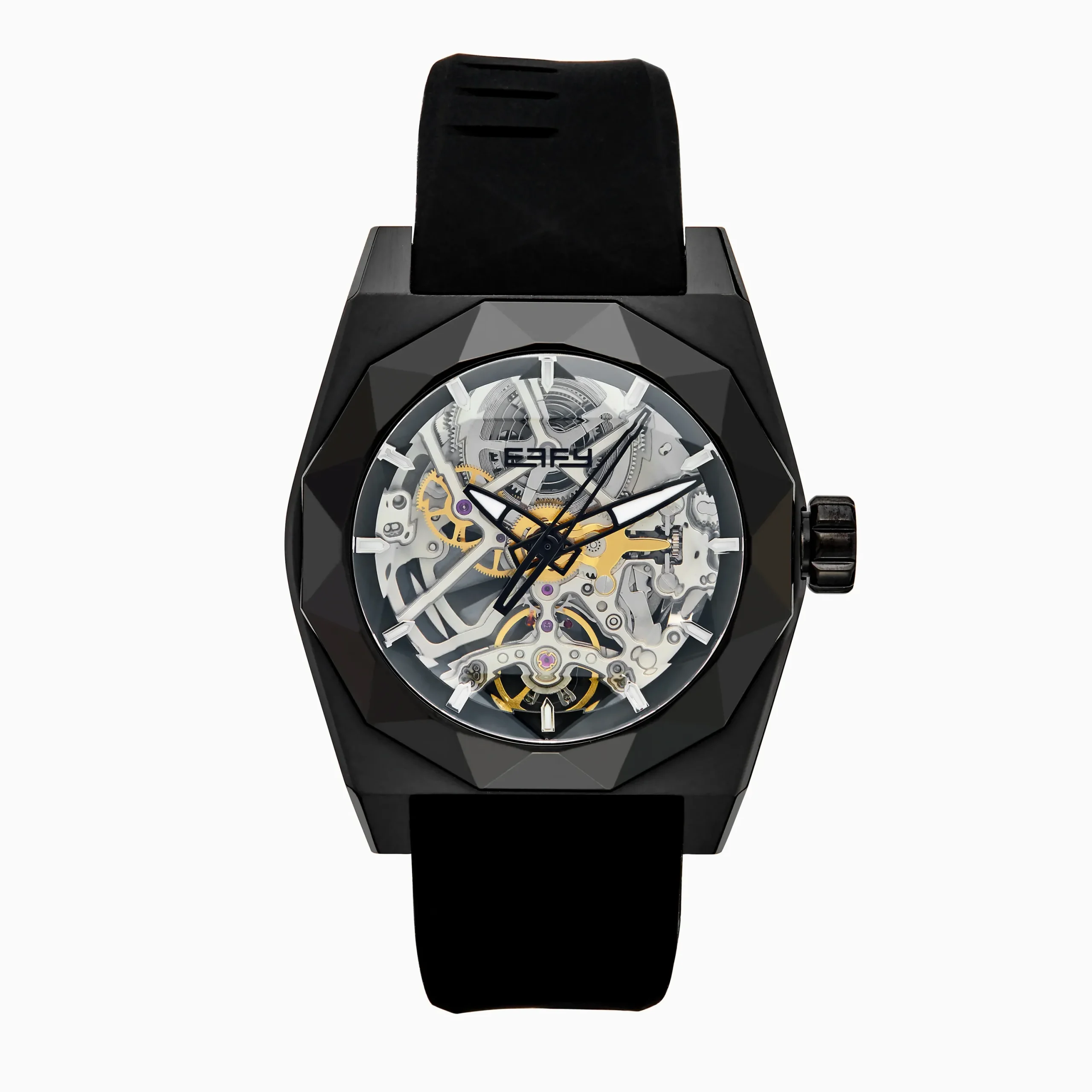 Watches|Effy Jewelry Men's Skeleton Diamond Cut Sapphire Crystal Black Plated Titanium and Silicone Watch