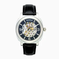 Watches|Effy Jewelry Men's Skeleton 41mm Sapphire Crystal Stainless Steel and Black Leather Watch