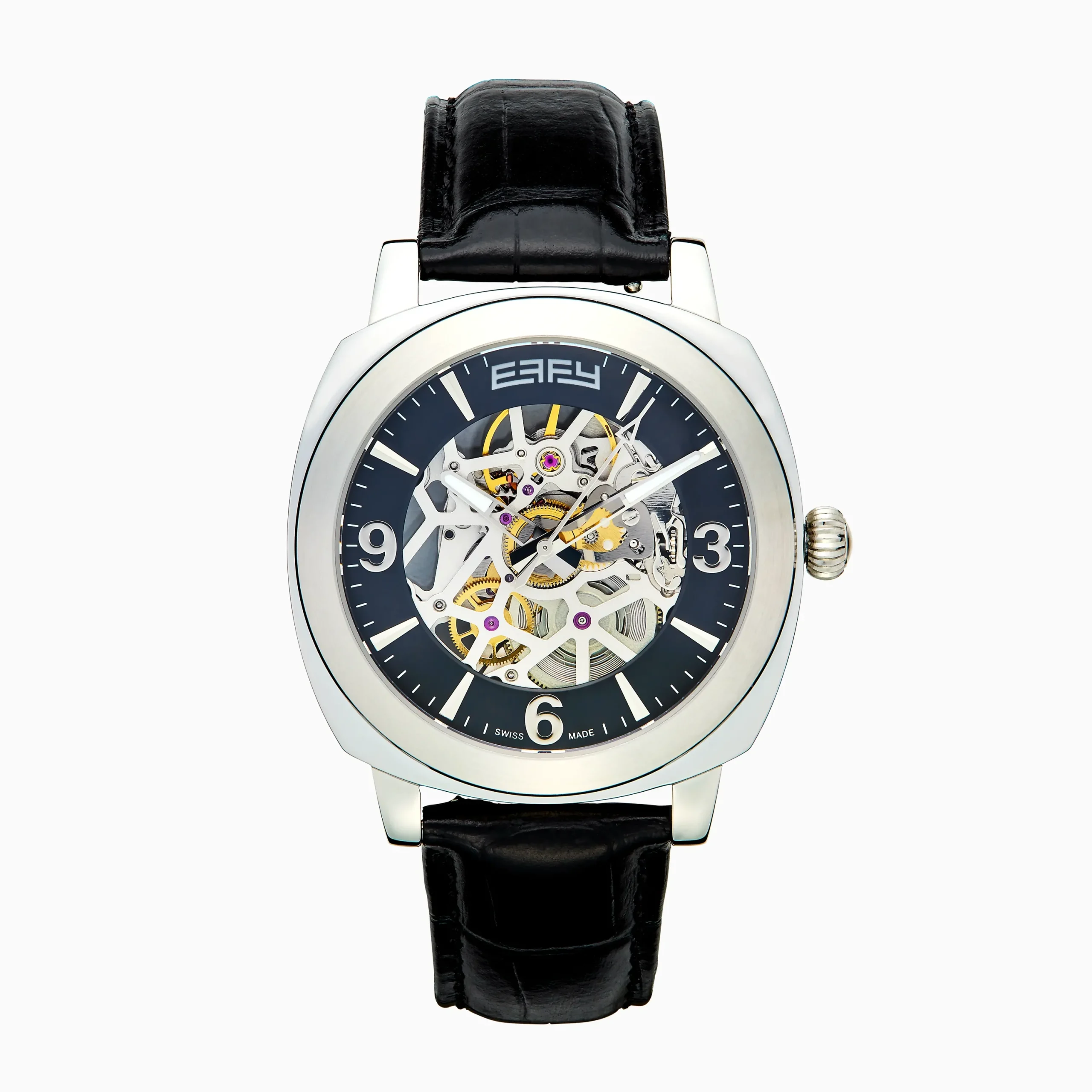 Watches|Effy Jewelry Men's Skeleton 41mm Sapphire Crystal Stainless Steel and Black Leather Watch