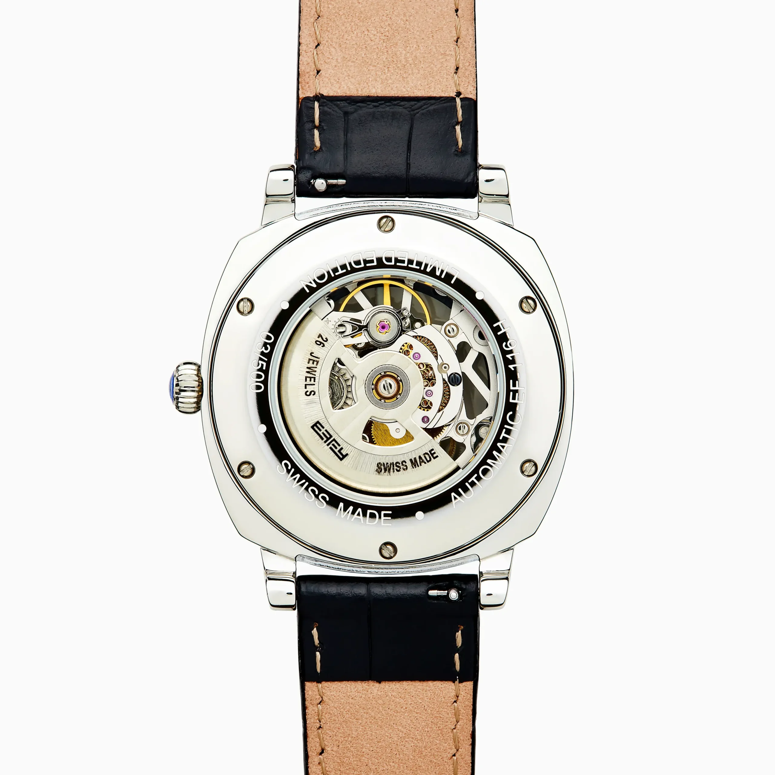 Watches|Effy Jewelry Men's Skeleton 41mm Sapphire Crystal Stainless Steel and Black Leather Watch