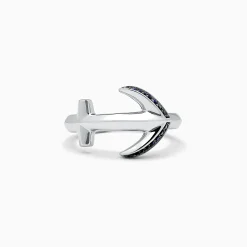 Mens|Effy Jewelry Men's Sterling Silver and Black Sapphire Anchor Ring, 0.14 TCW