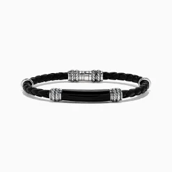 Mens|BH Multi Men's Sterling Silver and Leather Onyx Bracelet, 13.00