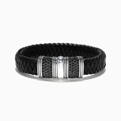 Mens|Effy Jewelry Men's Sterling Silver and Leather Black Sapphire Bracelet, 2.70 TCW