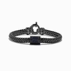 Mens|BH Multi Men's Sterling Silver Black Rhodium Braided Chain Blue Sapphire Bracelet 1.40 TCW