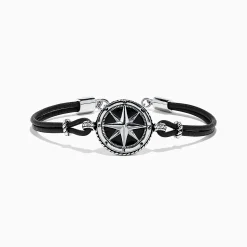 Mens|Effy Jewelry Men's Sterling Silver Onyx Compass Leather Bracelet, 4.00 TCW