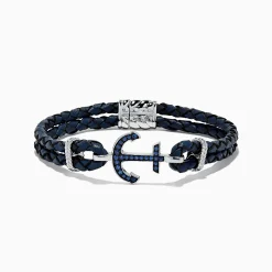 Mens|Effy Jewelry Men's Sterling Silver Woven Leather Sapphire Anchor Bracelet, 0.52 TCW