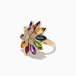 Rings|Effy Jewelry Mosaic 14K Yellow Gold Multi Stone and Diamond Flower Ring
