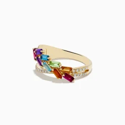 Rings|BH Multi Mosaic Mix 14K Yellow Gold Stones and Diamond Crossover Ring