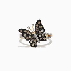 Rings|Effy Jewelry Nature 14K Yellow Gold Espresso u0026 White Diamond Butterfly Ring, 0.45 TCW